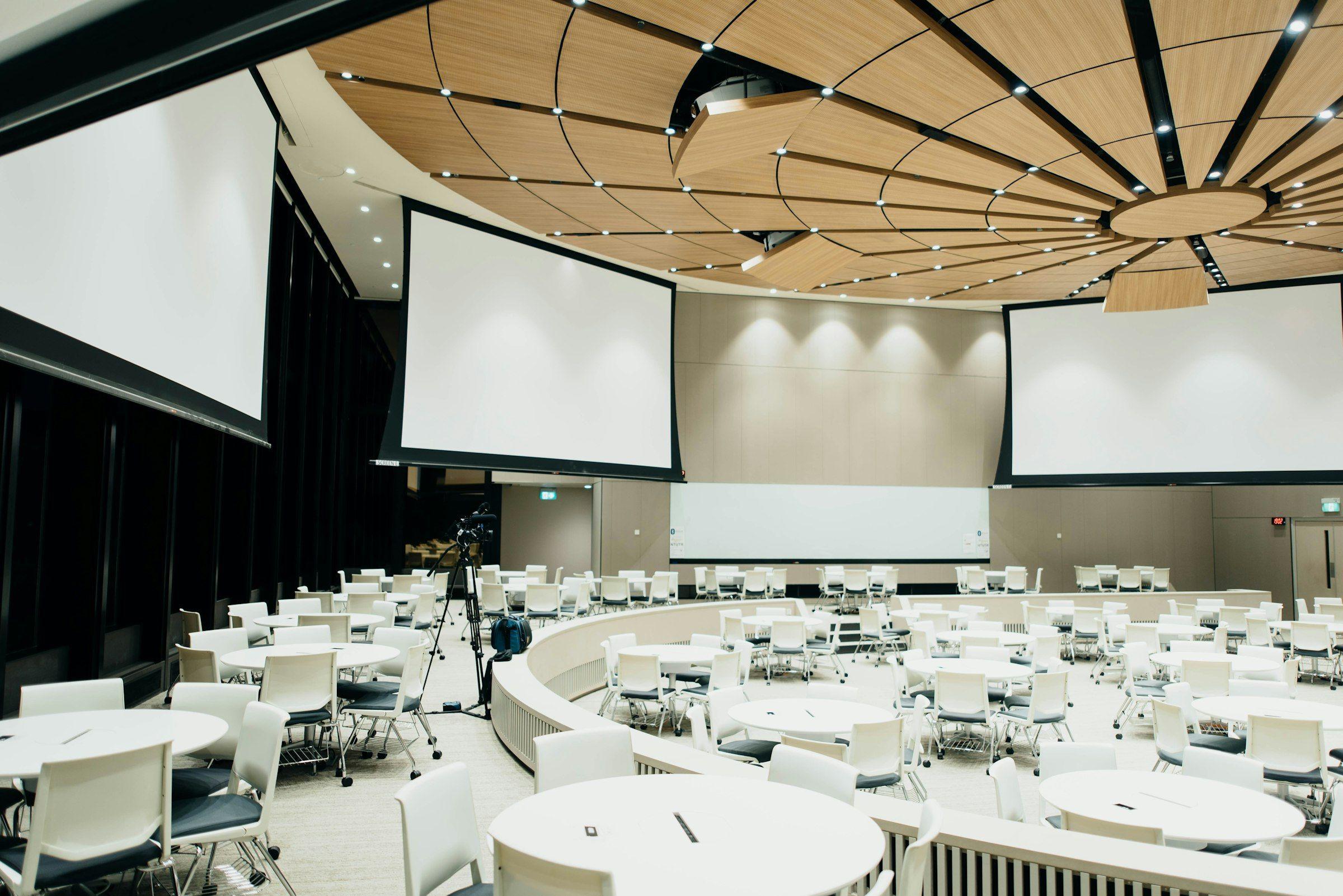 Elegant corporate gala with ambient lighting and formal tables
